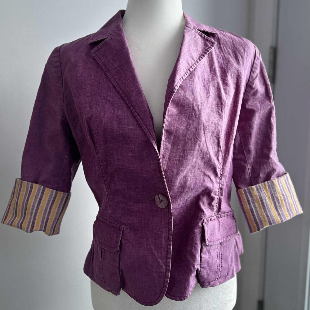 Adolfo Dominguez Orchid Waxed Linen Blazer with Striped Turnback Cuffs – EU 40
